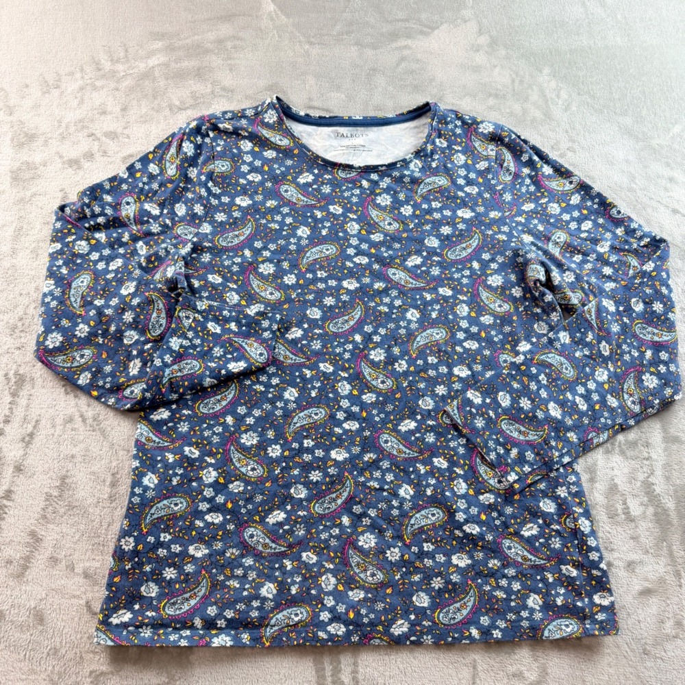 Talbots Women's Large Navy Blue Paisley Floral Long Sleeve Cotton Crewneck Top